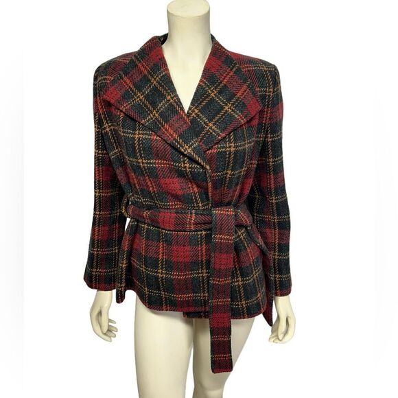 Evan Picone Wool Blend Red and Green Plaid Open Coat Tie Waist Closure Pockets - Picture 1 of 9